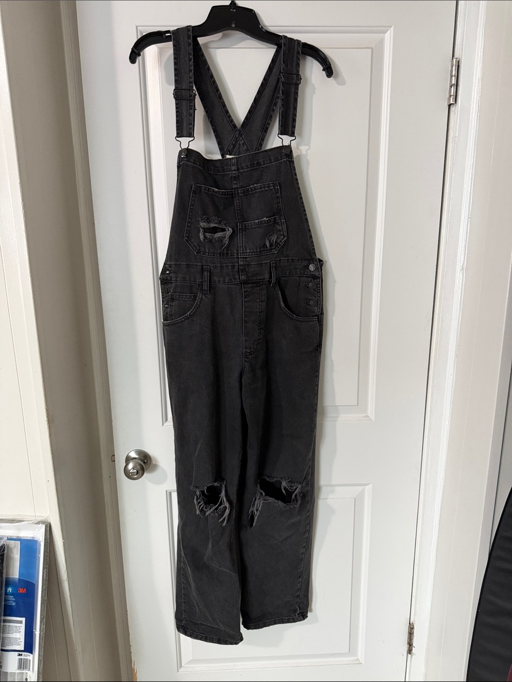 Free People Ziggy Black Distressed Denim Overalls